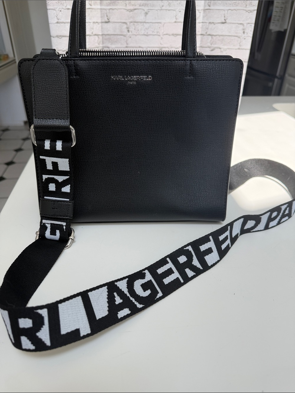 Karl Lagerfeld Black Leather Crossbody with Branded Black & White Strap